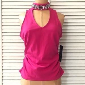 🆕 La Rambla Womens Sleeveless Top Large Pink Mock V-Neck Rhinestone Bling NWT